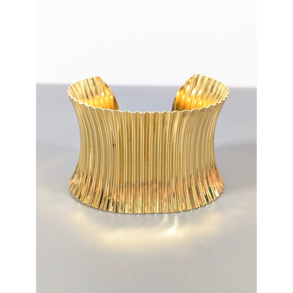 Vintage Gold Tone‎ Ribbed Wide Cuff Bracelet Fluted Concave Statement Boho 8"
